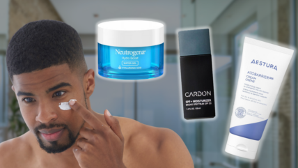 man uses mositurizer with our top picks hovering around him (from neutrogena, cardon, and aestura)