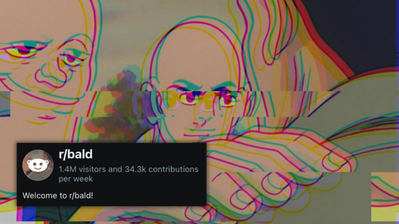 r/bald subreddit preview with meme of two bald men approaching a third man