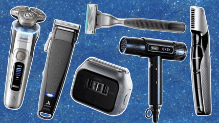 A selection of devices, Philips Norelco shaver, Andis clipper, Harry's razor, Laifen shaver, Wahl blow dryer, Panasonic manscaper.