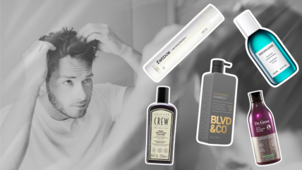 man styles voluminous hair with 5 different shampoo options hovering