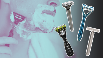 Depiction of man shaving his face, with various razors in the foreground.